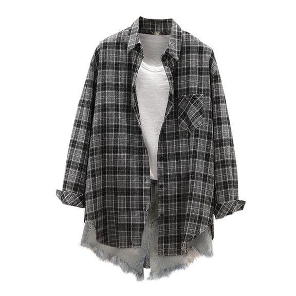 Hfnxid Women's Shacket Jacket Casual Fall Loose Fit Plaid Shirts Lightweight Fashion Blouses Button Down Shirt Outerwear