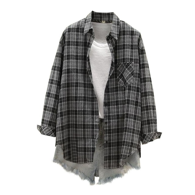 Women's Plaid Color Block Shacket Button Down Lapel Collar Lightweight Business Casual Patch Pocket Work-to-Weekend Top