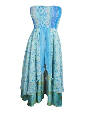 Mogul Women Sky Blue Long Skirt Printed Dress Recycled Sari Flared Skirt, Hi Low Dresses, Strapless Dress, Two Layer Skirt S/M