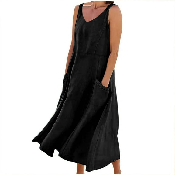 Efsteb Womens Summer Dresses V-Neck Cotton Linen Loose Dress With Pockets Sleeveless Classic Solid Color Loose Fashion Comfy Casual Sundresses Summer Dresses (Black,M)