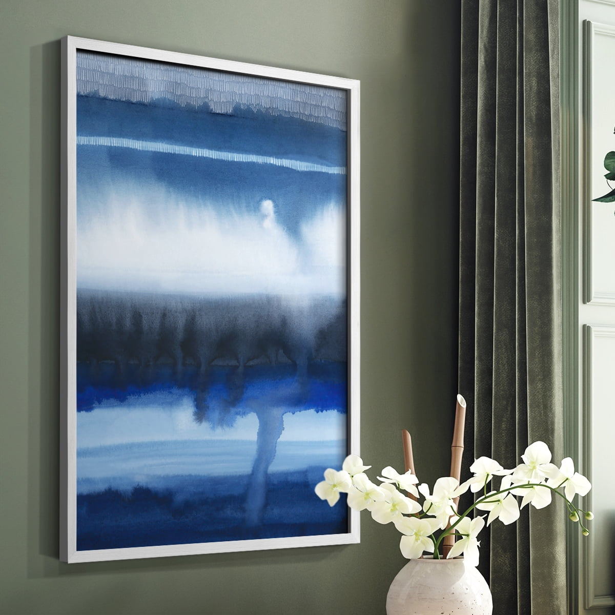 Deep Blue Shore I Framed Print in White Solid Wood Framed Print No Nail Hanging