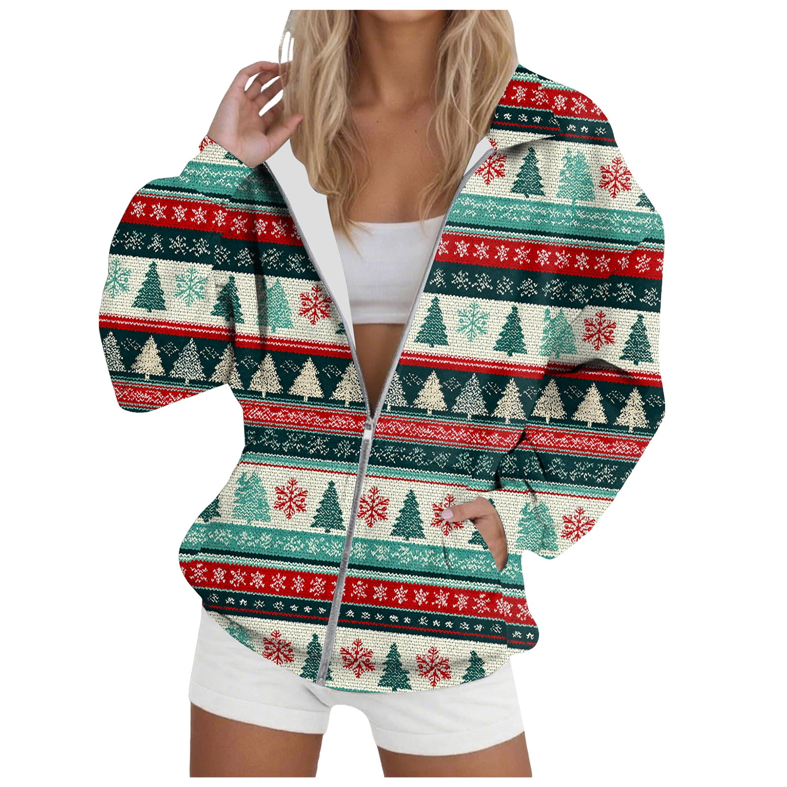 zaveiop Ladies Christmas Print Lapel Long Sleeved Sports Jacket Sports Wind Hoodie Jacket (Z3-Mint Green XL)