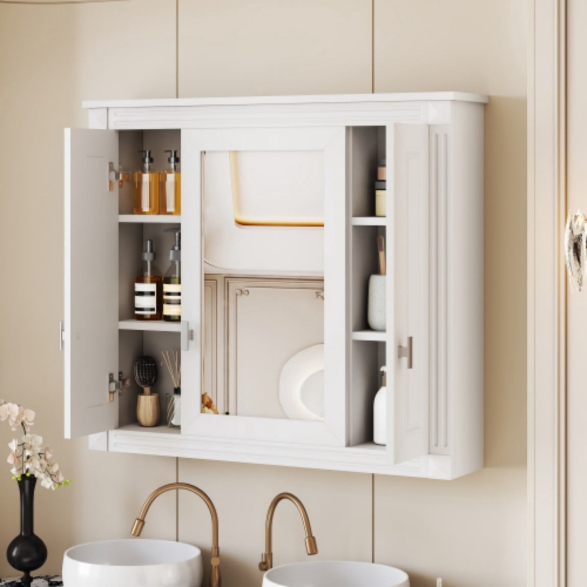 Bathroom Wall Cabinet with Mirror, Wall Mounted Medicine Cabinet with 5 Shelves, Over Toilet Storage Cabinet with Adjustable Shelves, Mirrored Door Bathroom Cabinet, White
