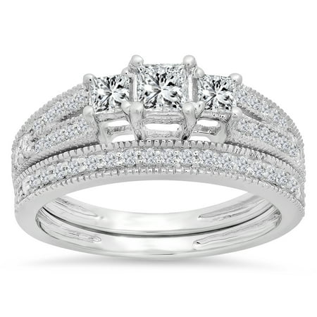 Dazzlingrock Collection 1.00 Carat (ctw) 14K Princess & Round Cut 3 Stone Diamond Engagement Ring Set 1 CT, White Gold, Size 8