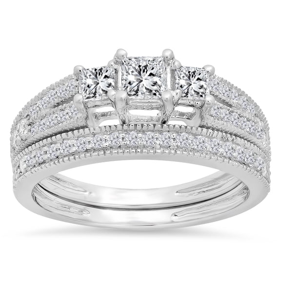 Dazzlingrock Collection 1.00 Carat (ctw) 14K Princess & Round Cut 3 Stone Diamond Engagement Ring Set 1 CT, White Gold, Size 8