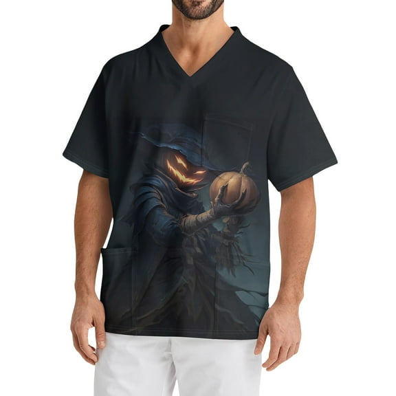 Domuza Scrub Tops for Men Oversized V Neck Short Sleeve Horror Funny Print Carer Top Soft Comfort Stretch Medical Workwear with Pockets Dark Blue L