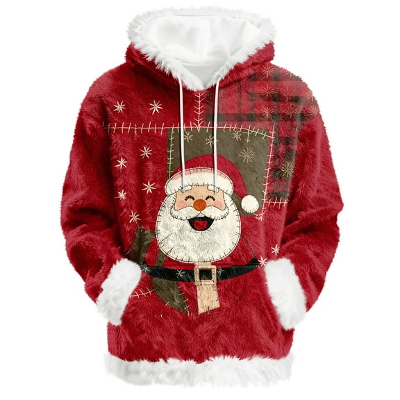 Hoodies For Women Oversized Winter Plush Cute Sweatshirts Pullover Trendy Fall Winter Clothes, Christmas Print Flannel Hoodie, Comfortable and Warm,Wine,L