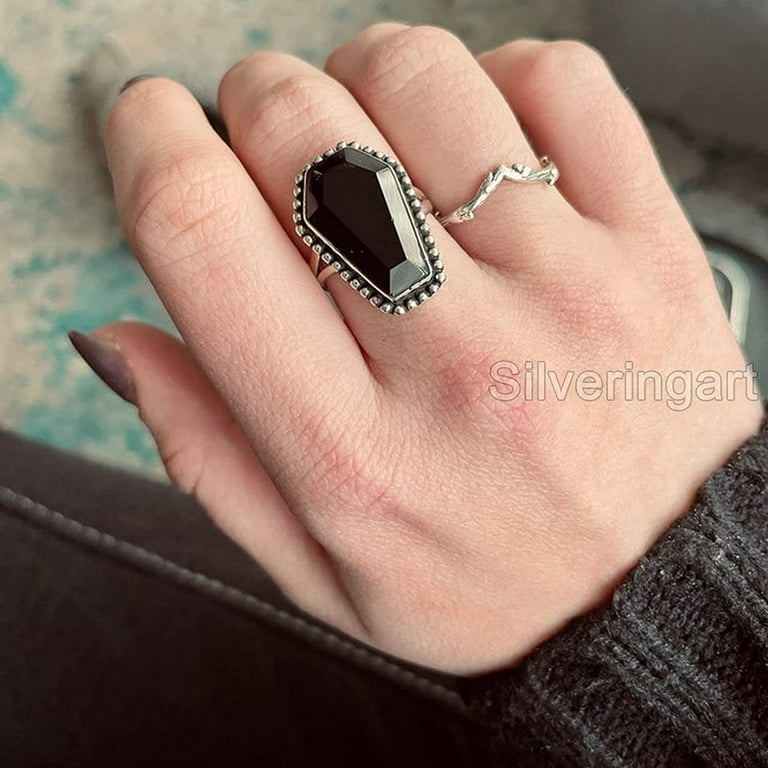 coffin ring natural black onyx ring 925 sterling silver rings