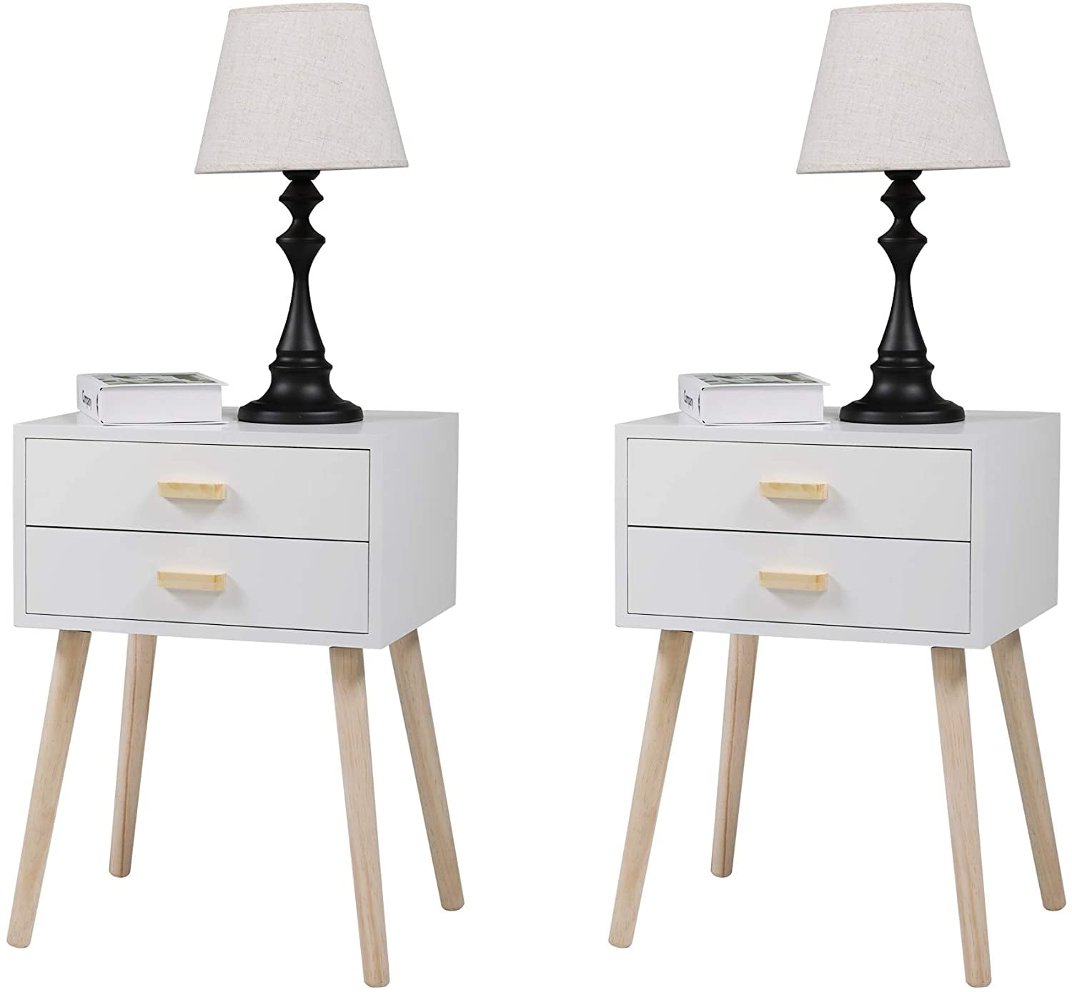 Lowestbest Set of 2 Nightstand with 2 Drawers, Mid-Century Modern Style Office Accent Side Table, Wood Bedside End Table Storage Cabinet Lowestbest Set of 2 Nightstand with 2 Drawers, Mid-Century Modern Style Office Accent Side Table, Wood Bedside End Table Storage Cabinet