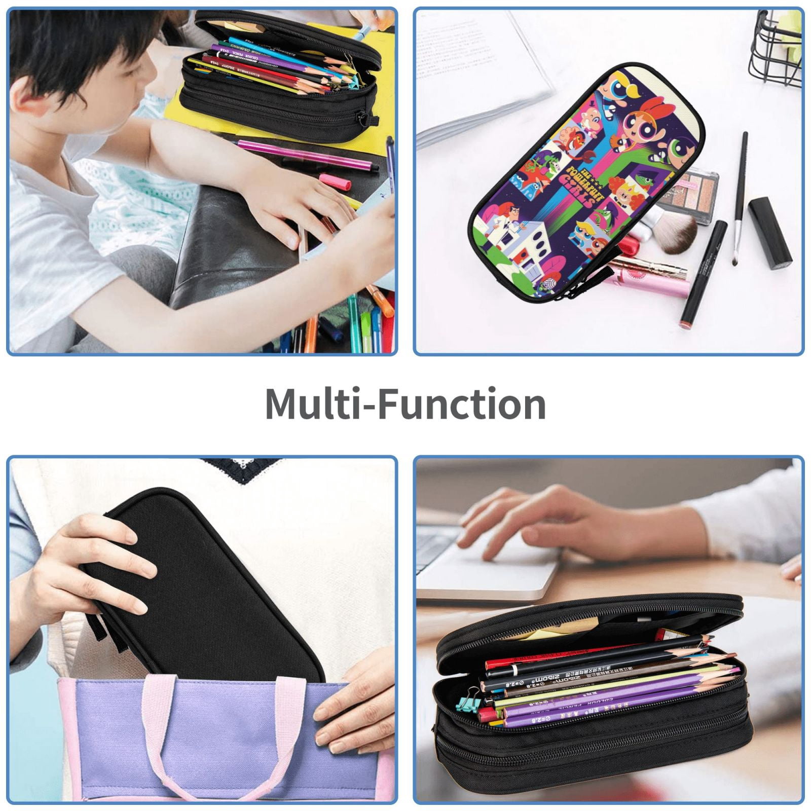The Powerpuff Gi-rls Pencil Case Large Capacity Pencil Pouch Penbag Office Stationery Organizer Travel Makeup Bag Black