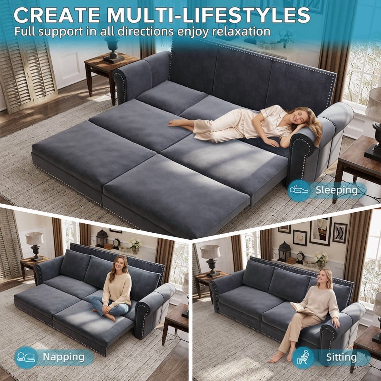 3-in-1 Velvet Convertible Sleeper Bed, 93.7" Chesterfield Sofa, King Size Pull Out Sofa Bed with Nailhead Trim & Rolled Arms, , Multi-Functional Futon Bed for Living Room, Bedroom, Apartment