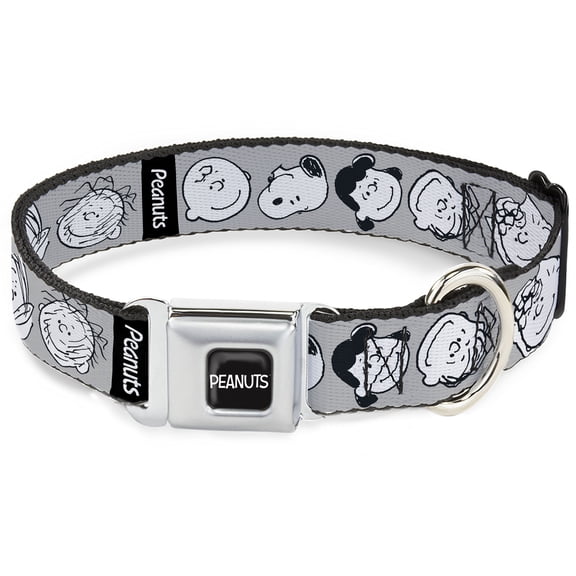 Peanuts Worldwide LLC Pet Collar, Dog Collar Metal Seatbelt Buckle, Peanuts Gang Expressions Gray Black White, 9.5 to 13 Inches 1.0 Inch Wide