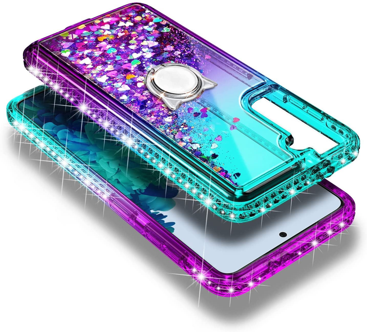Nagebee Case for Samsung Galaxy S22 5G / S22+ Plus 5G / S22 Ultra 5G with Tempered Glass Screen Protector, Sparkle Glitter Liquid Bling Diamond [Ring Holder & Wrist Strap] Women Girls (Aqua/Purple)