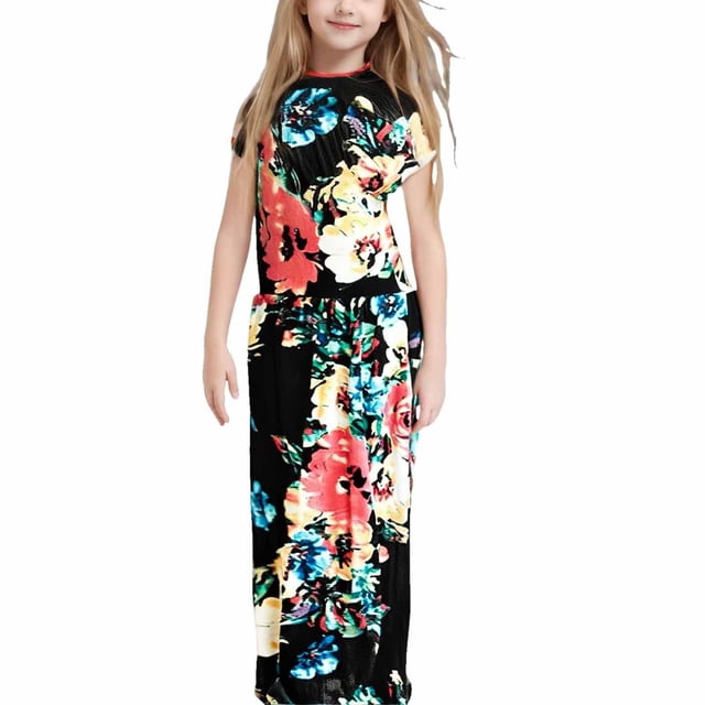 WEAIXIMIUNG Robes pour Filles 4T à 5T Robe Longue Décontractée à Manches Courtes Imprimé Floral avec Poches 2-3 Ans