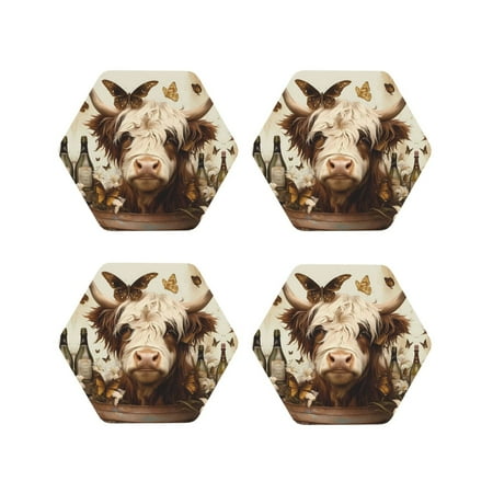 

Leather Coasters Set of 4 - Butterfly Cow Barrel Lightweight Non-Slip Drink Coasters for Desk Anti-Scalding Desk Cup Coasters for Office Table Decor Hexagon