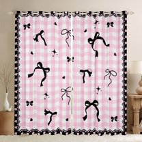 Manfei Kawaii Ribbon Bow Knot Black Out Curtains for Girls Female Children,Geometric Plaid Grid Curtains Pack of 2 (42x63 Each),Love Heart Print Bedroom Curtains,Microfiber Bedroom Decor