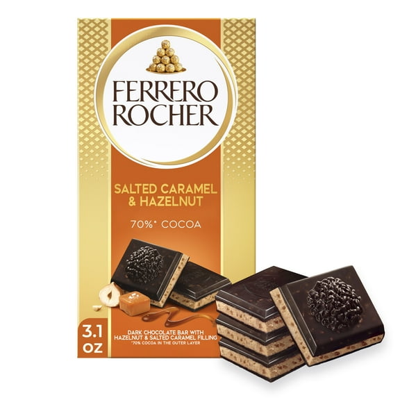 Ferrero Rocher premium chocolate bar, Dark Chocolate Hazelnut and Crunchy Salted Caramel, Perfect Self Treat, 3.1 oz