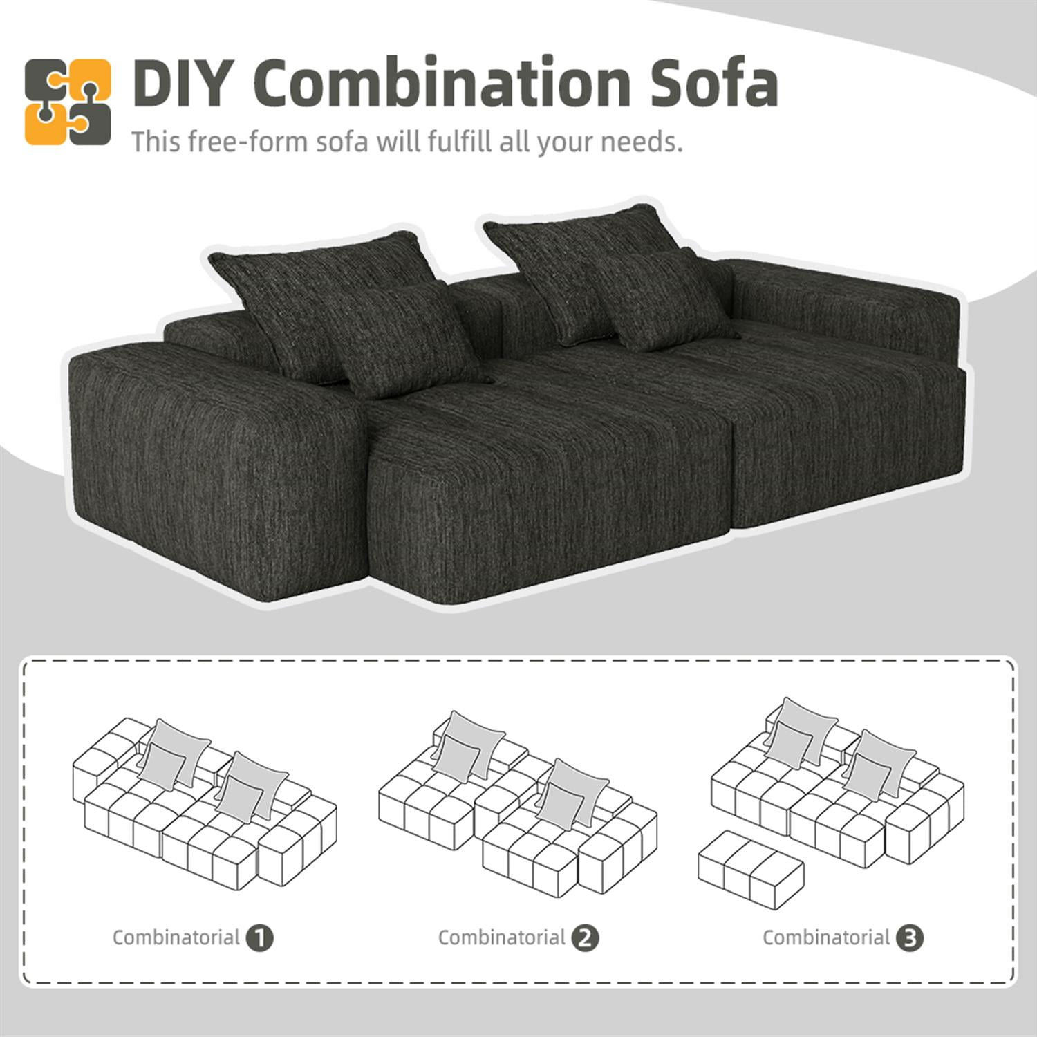 Demi Bonn 113" Modular Sectional Sofa with 2 Chaise Lounges & 4 Pillows Included, Chenille Fabric Soft Cushions Couch for Living Room, No Assembly Needed, Black