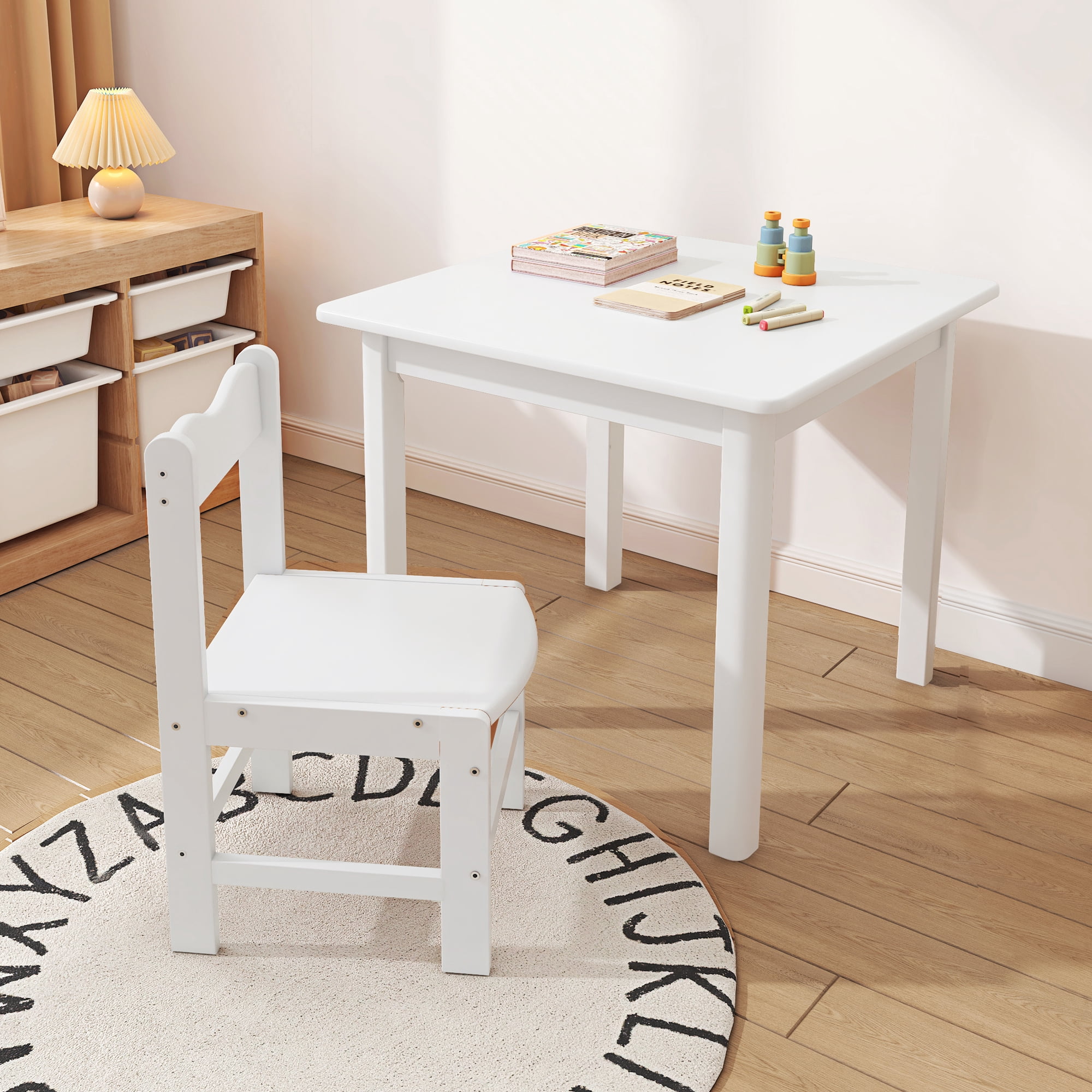 UNICOO® Wooden Kids Table and Chairs Set – 3-Piece Hard Wood Toddler Table with 2 Chairs – Playroom & Classroom Kids Desk and Chair Set for Arts, Crafts, Reading, Snacks (White)