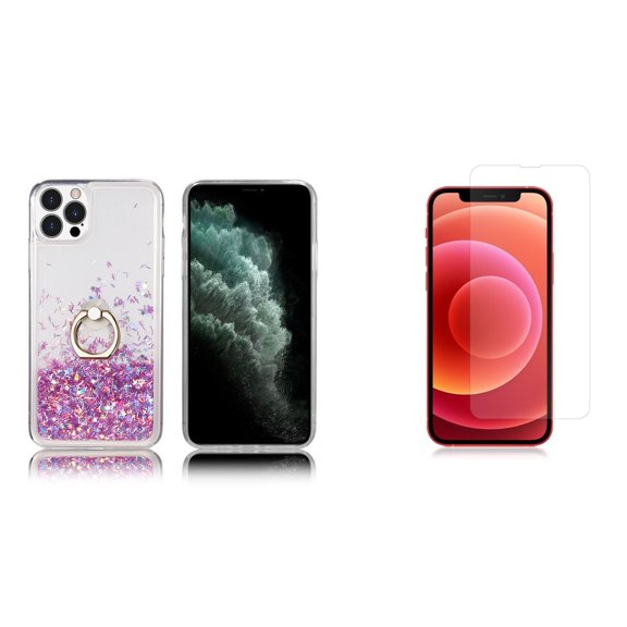 Waterfall Liquid Glitter Stand Case and Glass Screen Protector for iPhone 14 Pro Max - Pink Purple