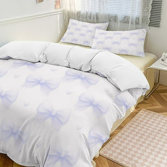 Blue Bow Pattern Duvet Cover Set Themed Multicolor Polyester Bedding Set for Bedroom Decoration
