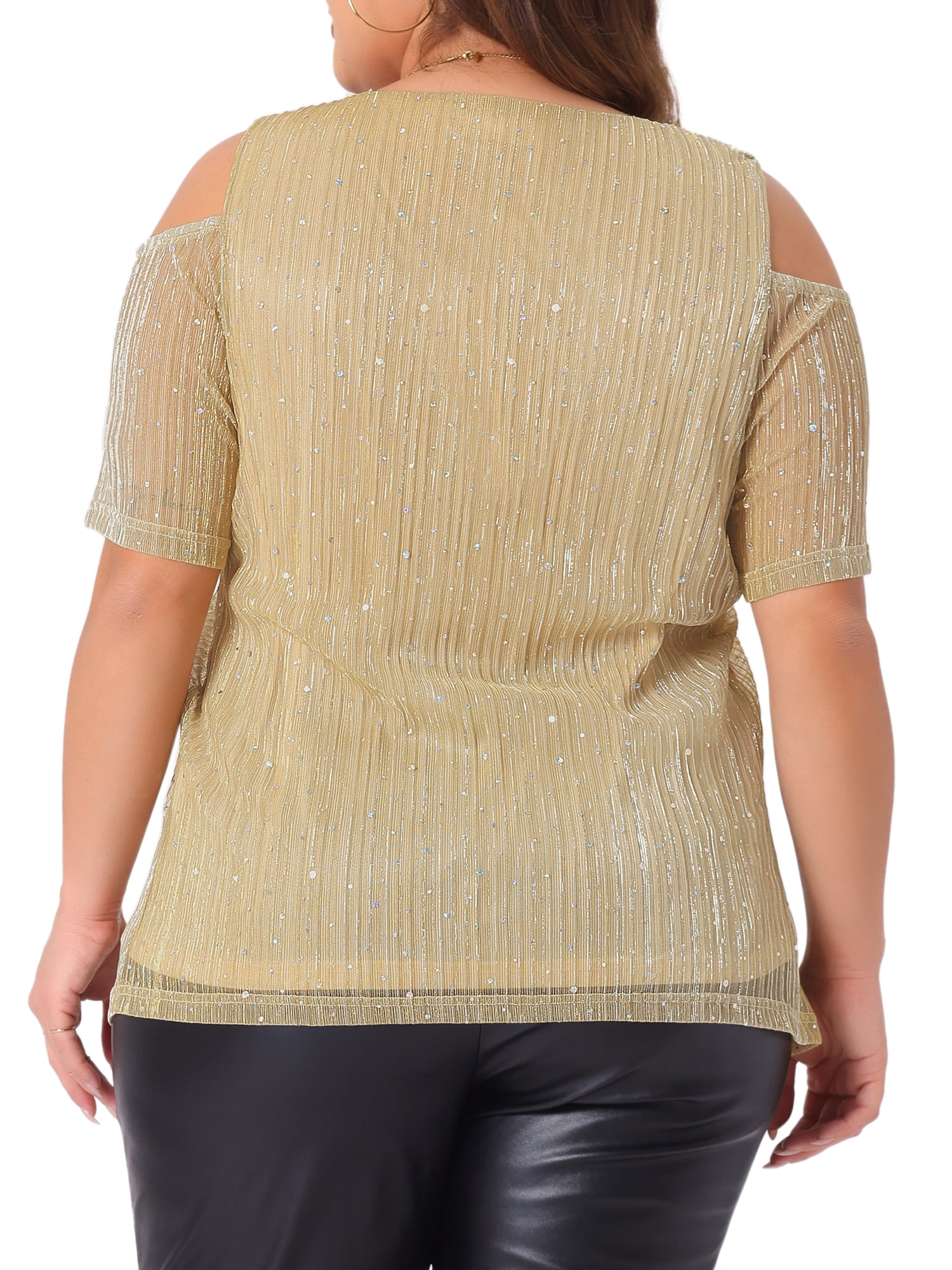 Women's Plus Glitter Sequin Cold Shoulder Short Sleeve Party Blouse 2X Yellow