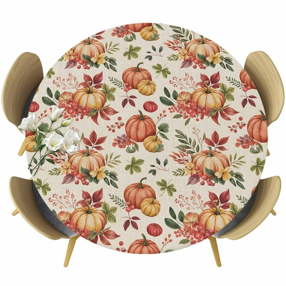 Thanksgiving Pumpkins Round Tablecloth 55-60 Inch Round Fitted Table Cloth with Elastic Edge, Fall Orange Leaves Beige Pastoral Waterproof Table Cover Protector for Outdoor Picnic Party Dining