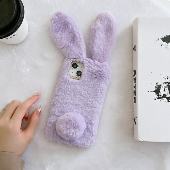 Allytech Rabbit Faux Furry Case Cover for Apple iPhone 15 Pro Max, Girly Fluffy Faux Fur Protective Anti-Scratch Bunny Case for Girls Women - Purple