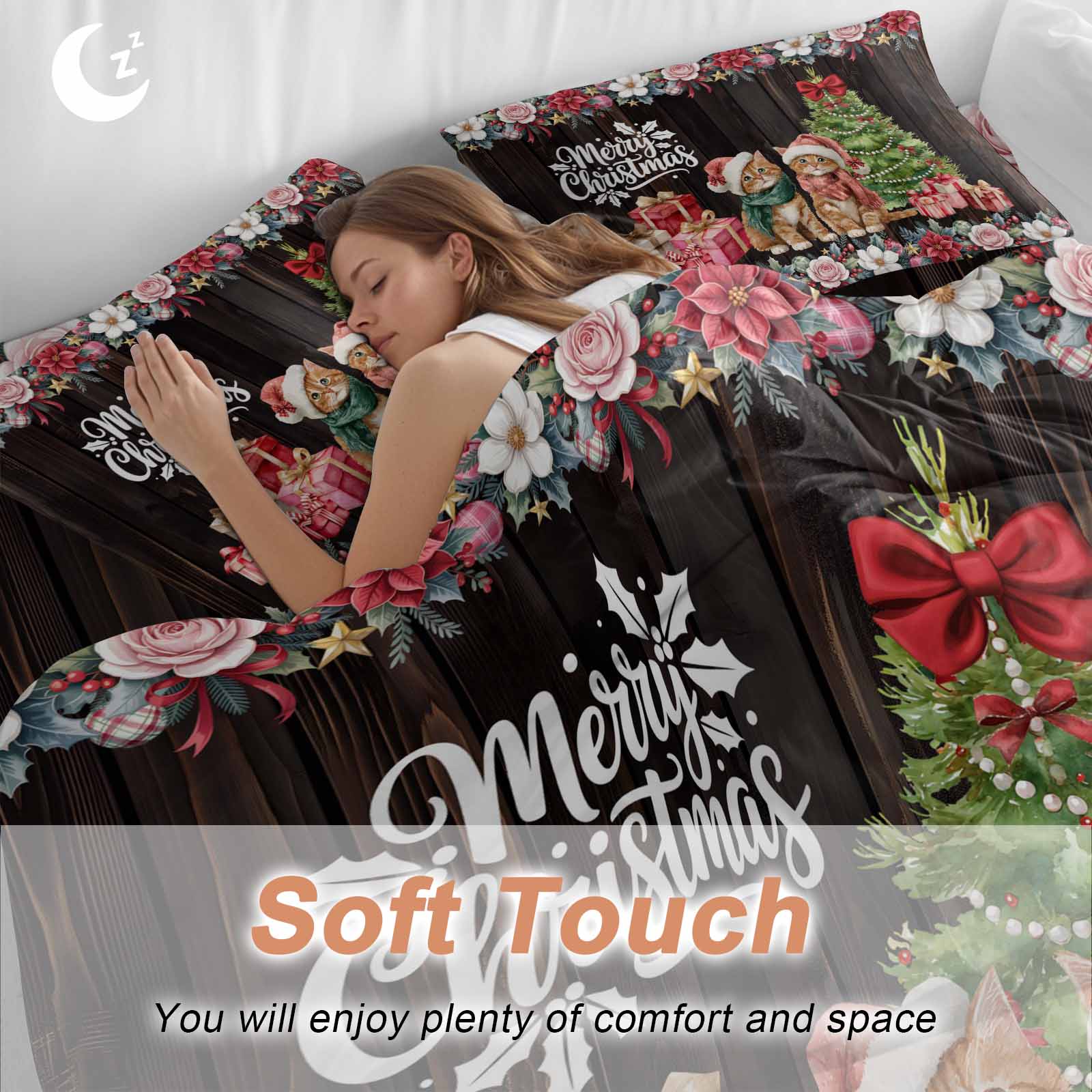 Christmas Bedding Duvet Cover Set Twin Size 4 Pieces Winter Xmas Cats Trees Gifts Flowers Brown Woods Bedding Set with Zipper Closure, 1 Comforter Cover 68x86 Inches 1 Flat Sheet & 2 Pillow Cases