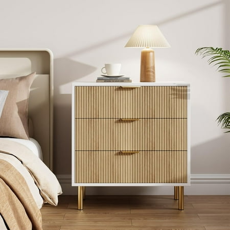 Roromall 3 Drawer Dresser for Bedroom Large Nightstand Chest of Drawers Modern Wood Storage Dresser Organizer with Gold Metal Handles & Anti-Tipping Device for Hallway Entryway
