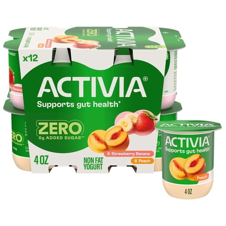 Activia ZERO 0g Added Sugar Strawberry Banana and Peach Nonfat Probiotic Yogurt Cups, Helps Support Gut Health, 4 oz, 12 Count