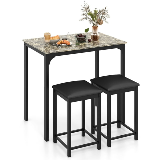 Gymax 3 PCS Counter Height Dining Set Faux Marble Table and 2 Chairs Kitchen Bar New Brown