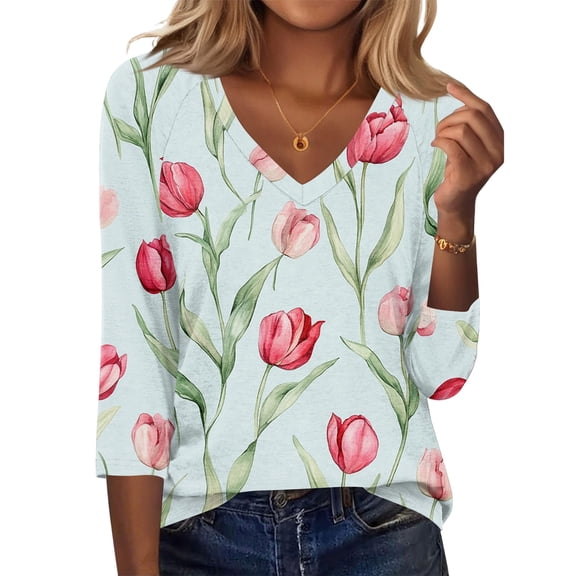 OIOLOYJM 3/4 Length Sleeve Womens Tops Dressy Casual Shirts Trendy Floral Printed V Neck T Shirts Basic Spring Summer Blouses Mint Green XL