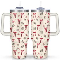 Merry Christmas 40 OZ Tumbler with Handle Rust Resistant Tumbler Cup Seamless Pattern Red Bowknot and Holly Cafe Tumblers for Holiday Accessories Tumbler for Daughter Son