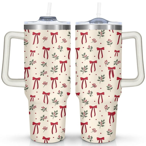 Merry Christmas 40 OZ Tumbler with Handle Rust Resistant Tumbler Cup Seamless Pattern Red Bowknot and Holly Cafe Tumblers for Holiday Accessories Tumbler for Daughter Son