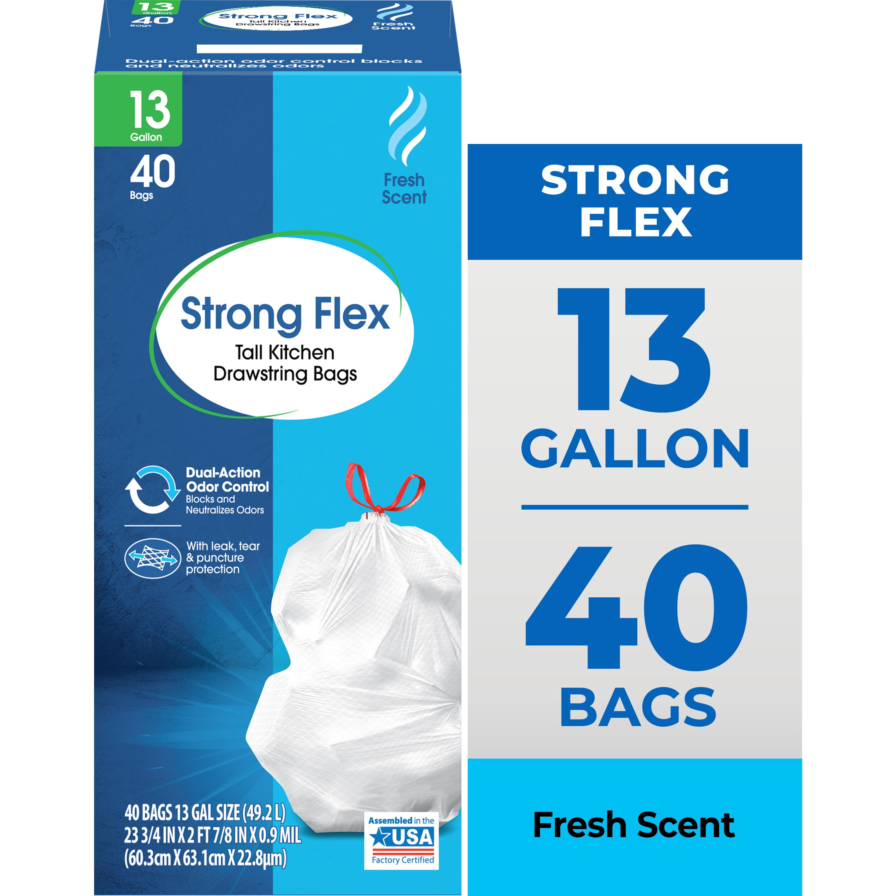 (6 pack) Great Value Strong Flex 13-Gallon Drawstring Tall Kitchen Trash Bags, Fresh Scent, 40 Bags