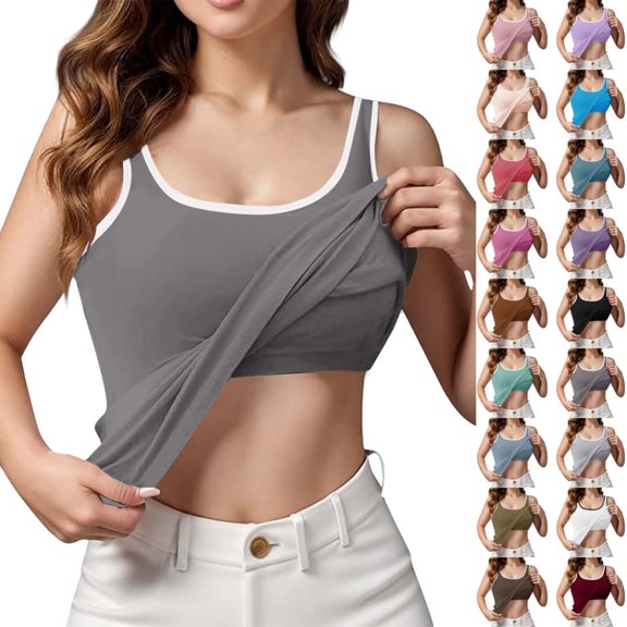 Bmisegm Built In Bra Tank Tops For Women Seamless Sleeveless Wide Strap Contrast Binding Padded Camisole Undershirt Womens Casual Tops Grey XL