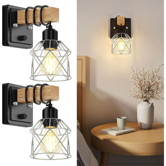 Wall Sconces Set of Two, Bedside Wood Wall Lamps with Rotary Switch, Black Bathroom Vanity Light with Silver Wire Cage, Rustic Dimmable Sconces Wall Lighting for Living Room, Hallway, Mirror