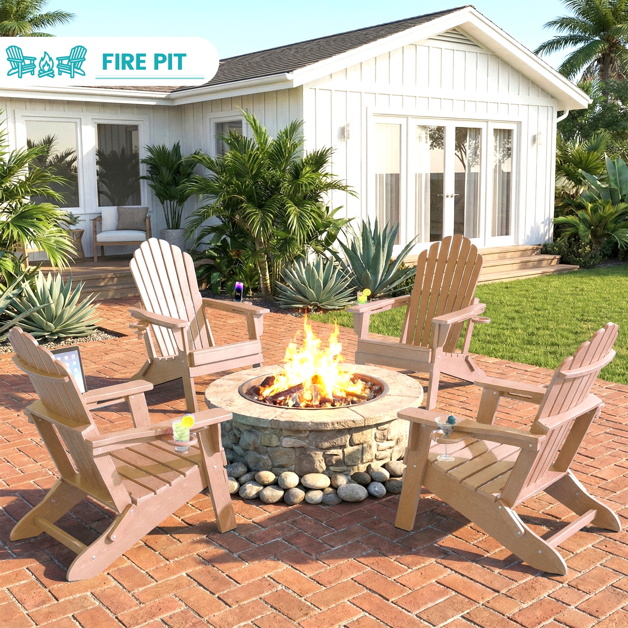 Cobiod Adirondack Chair, Foldable Lawn Chair with Dual Cup Holders, Weather Resistant High Back for Patio, Garden, Beach, Cedar