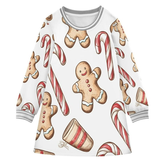Gingerbread Man Christmas Girls'long-sleeved dress Thickened A-dress Warm Dress Basic Shirt Party Dresses