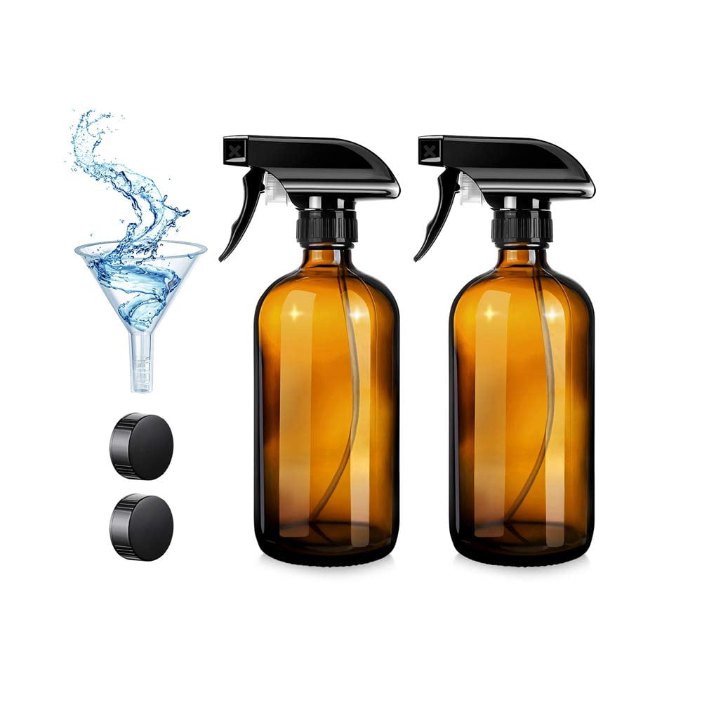 QAOKODA Empty Glass Spray Bottles with Funnel and Lables,16oz,2 Pack,Durable Black Trigger Sprayer,Heavy Duty Mist & Stream 3-Stream Settings,Great for Essential Oils Cleaning Products or Aromatherap