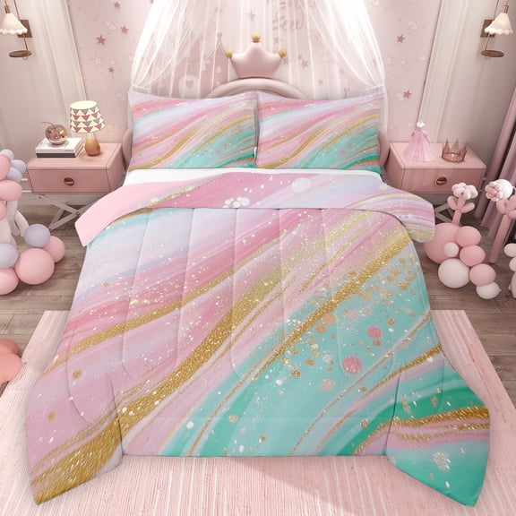 Feelyou Women Fashion Marbling Bedding Comforter Set, Dreamy Abstract Ombre Twin Comforter Sets, Marble Artwork Pink Green Reversible Bedding Set, Luxury Bedroom Decor, 2-Piece