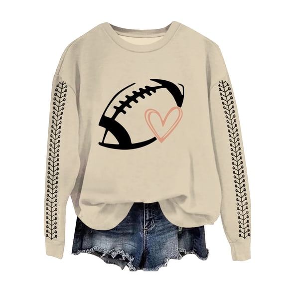 VISALY Pullover Crewneck Sweatshirt for Womens Football Sweatshirt Graphic Print Pullover Casual Long Sleeve Shirts Fall Tops Tunic Sweatshirts Oversized Shirts Soft Lightweight Sweatshirt Beige L