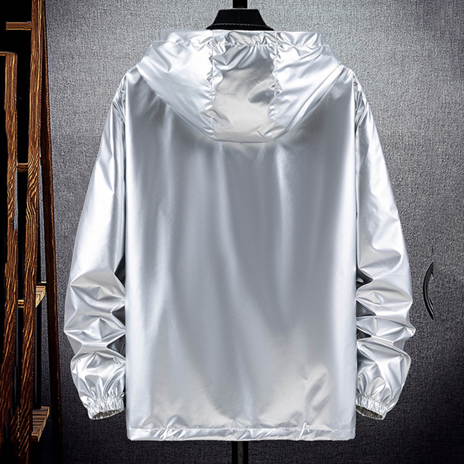 Holographic Jacket for Men Lightweight Long Sleeve Metallic Shiny Zip Up Hoodie Coat Outerwear with Pockets