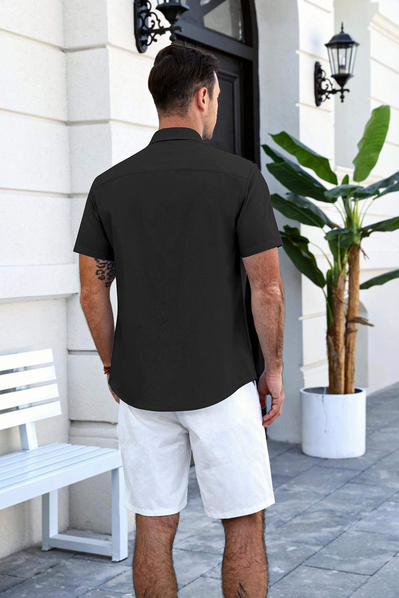 COOFANDY Men's Relaxed Fit Button-Up short Shirt with Decorative Stripes - Casual and Office Wear