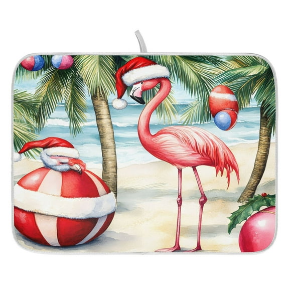 Christmas Flamingo Dish Drying Mat for Kitchen, Quick Drying Absorbent Soft Durable 16" x 18"