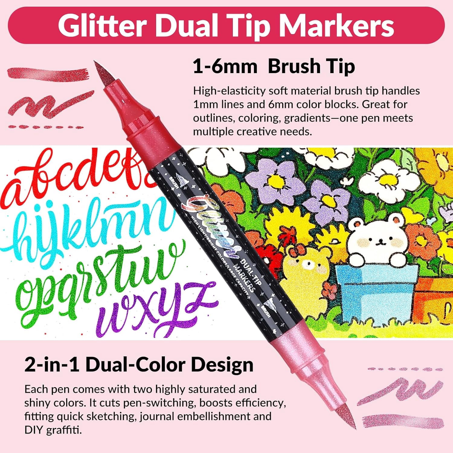 Glitter Effect Brush Marker Set, Dual Tip Pens with Metallic Sparkle for Drawing, Card Making, DIY Crafts & Adult Coloring Books