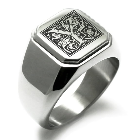 Stainless Steel Letter Y Initial Floral Box Monogram Engraved Engraved Square Flat Top Biker Style Polished Signet Ring