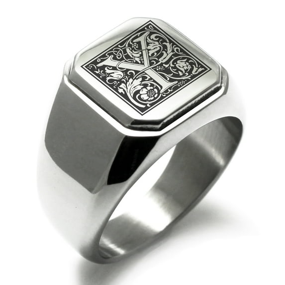 Stainless Steel Letter Y Initial Floral Box Monogram Engraved Engraved Square Flat Top Biker Style Polished Signet Ring