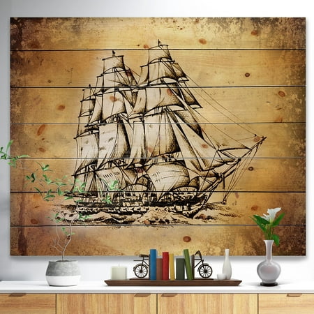 DESIGN ART Designart 'Moving Old Sailboat Drawing' Seashore Print on Natural Pine Wood -
